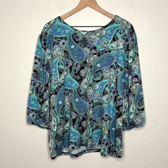N Touch Womens Blouse Top 1X Blue Paisley Soft Casual Stretch Balloon Sleeves - Picture 1 of 10